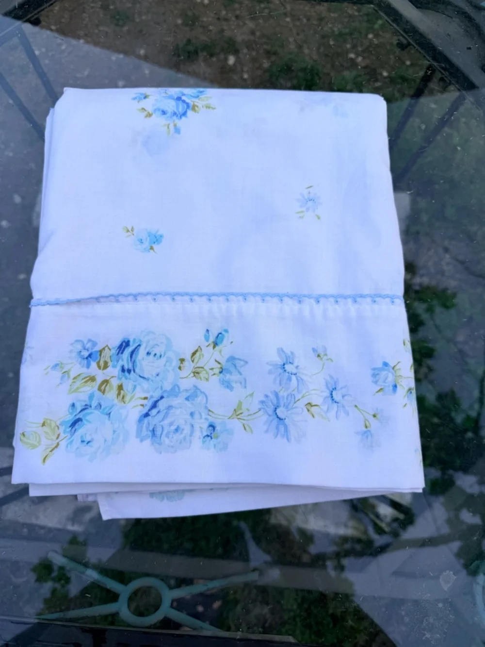 Vintage Blue Floral Flat Sheet Cottagecore‎ Bedding Shabby Chic Fabric Full size